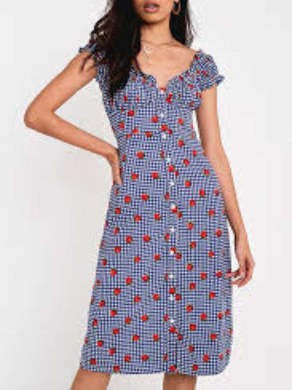 Urban Outfitters Penelope Blue Gingham Strawberry Print Ruffle Sundress Small